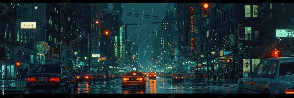 Urban nighttime painting with traffic Generative AI