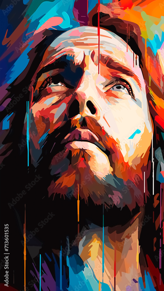 Jesus Christ portrait illustration with abstract colorful background. Spiritual and Inspiring. Religious theme.