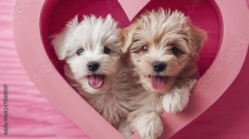 Puppy Love in Pink - Fluffy White Puppies in Heart Cutout, Valentine's Day Concept
