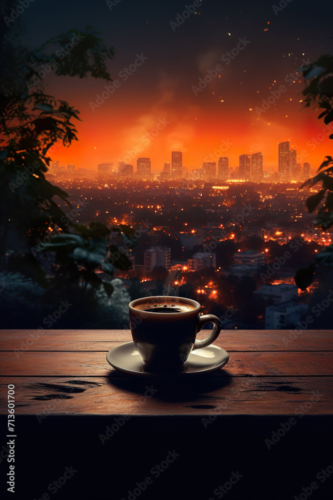 cup of hot espresso coffee or tea on table on illuminated city skyline background with skyscrapers, mug with drink at urban night view on terrace cup of hot espresso coffee or tea on table on illuminated city skyline background with skyscrapers, mug with drink at urban night view on terrace