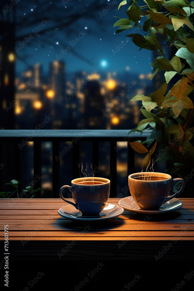 two cups of hot espresso coffee or tea on table on illuminated city skyline background with skyscrapers, mug with drink at urban night view on terrace