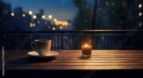 cup of hot espresso coffee or tea on table on illuminated city skyline background with skyscrapers, mug with drink at urban night view on terrace