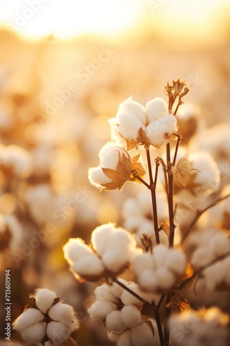 agricultural field with cotton flowers at sunset, plantation of natural cultivated wool, textile industry © goami