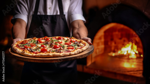 Chef presenting gourmet pizza in front of a wood-fired oven in dimly lit restaurant