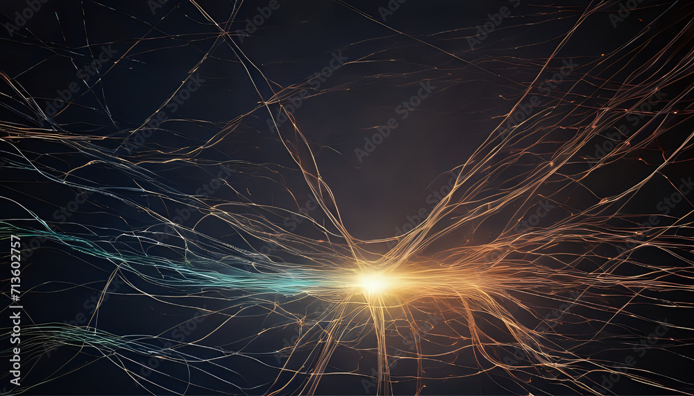 sparks in the night, a bunch of wires that are connected to each other, quantum particles, magical particles