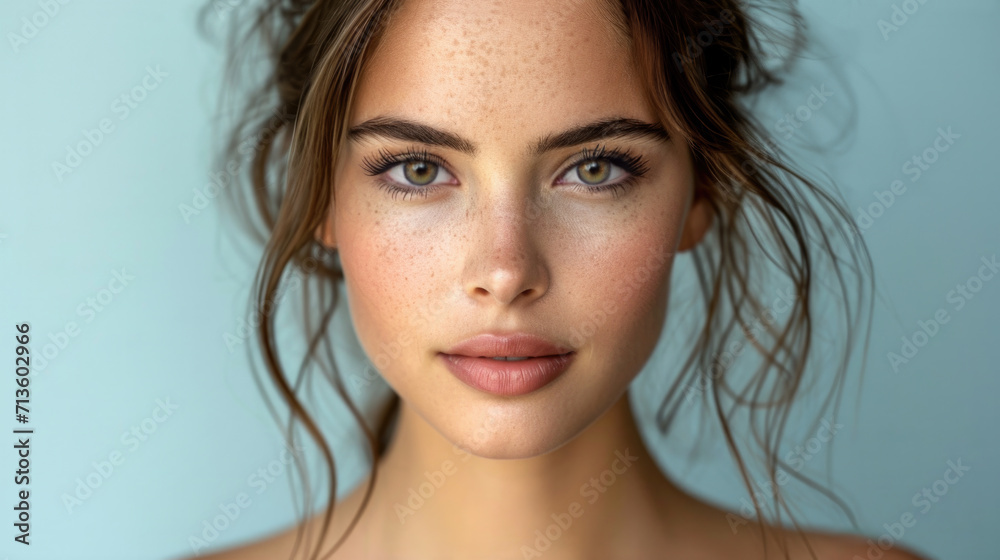 Headshot of a beautiful, sensual female fashion model with loosely coifed brown hair. Full lips and an immaculate complexion. Skin care and cosmetics. Headshot of a beautiful, sensual female fashion model with loosely coifed brown hair. Full lips and an immaculate complexion. Skin care and cosmetics.