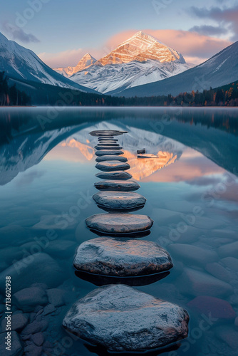 An image of a calm lake with aligned stones leading to a mountain in the background
