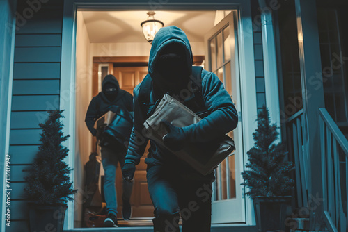 Residential burglary with masked thieves holding backpacks and boxes photo