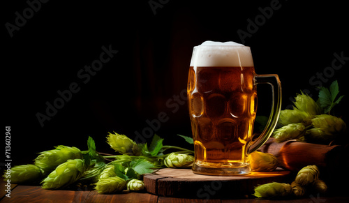 Beer glass with green hops on dark wooden table, copy space