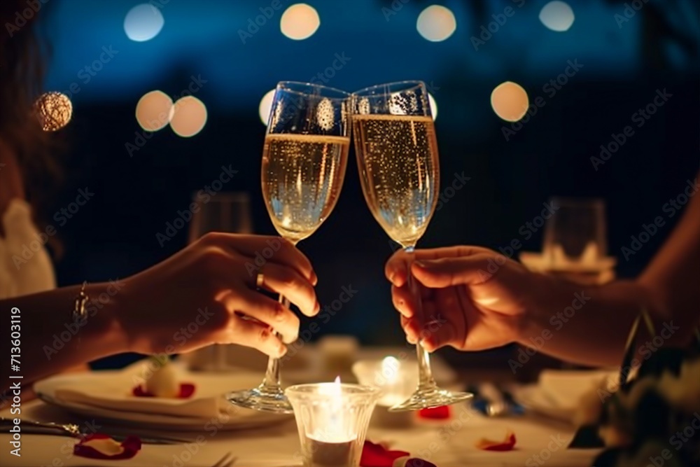 Romantic candlelight dinner for couple table setup at night. Man & Woman hold glass of Champaign. Concept for valentine's day or date. generative ai.