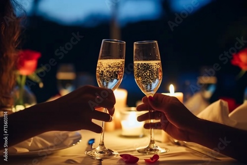 Romantic candlelight dinner for couple table setup at night. Man & Woman hold glass of Champaign. Concept for valentine's day or date. generative ai.