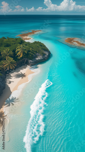a sand beach and palm trees, caustics, drone aerial view