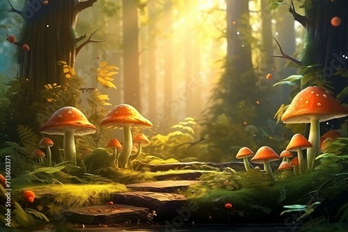 Autumn forest with moss, mushrooms, cones, sun ray. Copy space, background. Realistic illustration. Generative AI