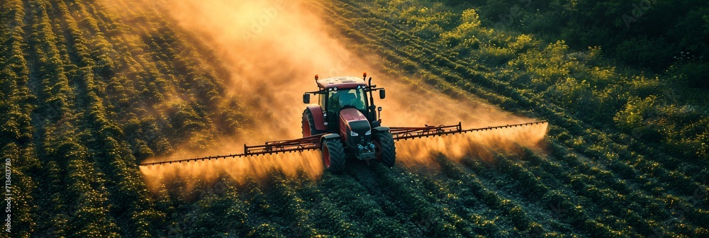 aerial view of a tractor distributing pesticide in a field, a crop farmer in the field with truck aerial view of a tractor distributing pesticide in a field, a crop farmer in the field with truck