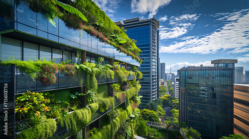 Exuberante vegetação verde caindo pelas laterais dos lustrosos arranha-céus de vidro cria um forte contraste entre o natural e o urbano photo