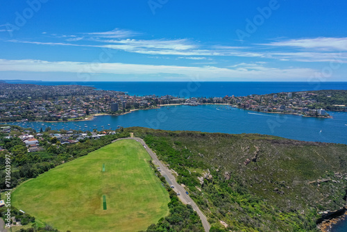 High angle aerial drone view of Tania Park in the suburb of Balgowlah Heights, Sydney, New South Wales, Australia. Manly and Northern Beaches in the background. photo