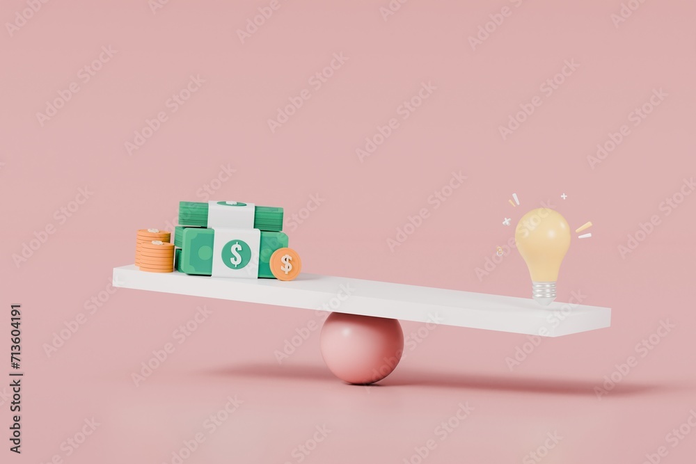 Obraz premium 3D Scales compare icon concept. money vs bulb innovation idea. finance business investment education with coins banknote. minimal cartoon design.3D Rendering. Banner, a place for text, copy space.