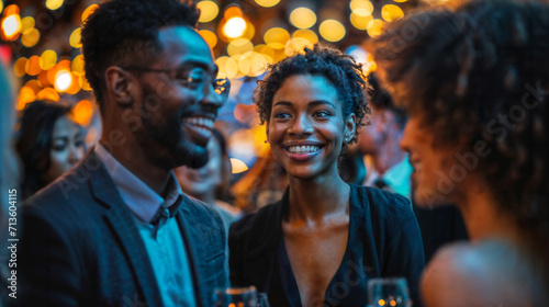 Friends Enjoying Evening Party with Lights. Generative AI