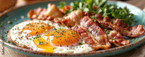 Panoramic view of a breakfast plate with fried eggs, crispy bacon, and a side of greens