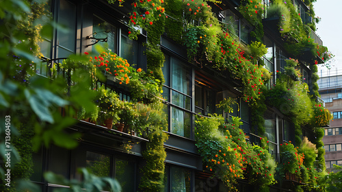 Exuberante vegetação verde desce pelas varandas de prédios urbanos criando um vibrante tapete contra o cenário da cidade