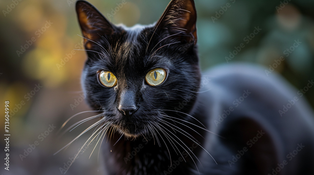 A close-up shot of a sleek black cat, showcasing the cat's piercing yellow eyes, velvety fur, and subtle play of light and shadow, creating a captivating and enigmatic portrait, Black cat in Ephesus