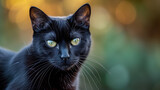 A close-up shot of a sleek black cat, showcasing the cat's piercing yellow eyes, velvety fur, and subtle play of light and shadow, creating a captivating and enigmatic portrait, Black cat in Ephesus