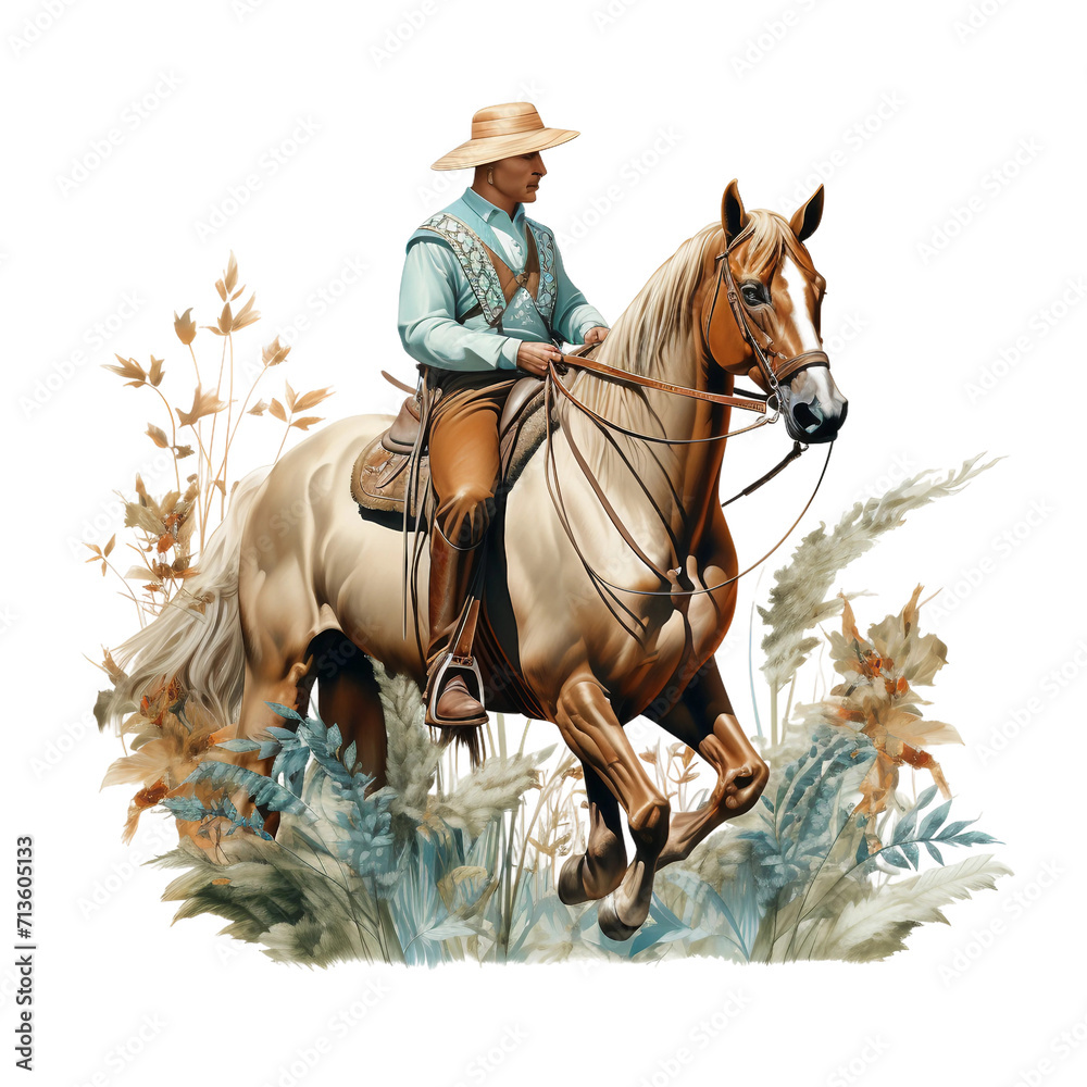 Print, illustration, cowboy riding horse