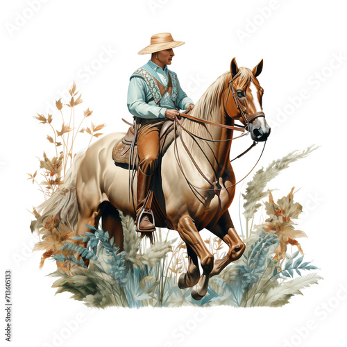 Print, illustration, cowboy riding horse