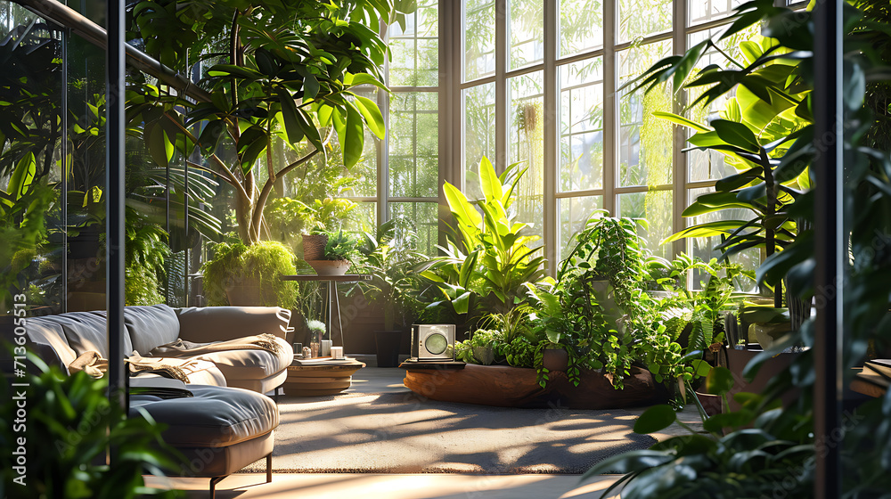 Vegetação exuberante preenche o ambiente acolhedor criando uma atmosfera tranquila e revigorante  A luz solar se filtra pelas grandes janelas lançando um brilho suave sobre o próspero jardim interno