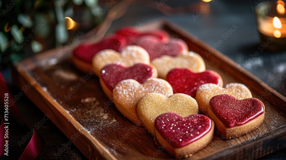 Glazed heart-shaped cookies with a dusting of edible glitter, displayed on a wooden dessert tray for a festive occasion generative ai Glazed heart-shaped cookies with a dusting of edible glitter, displayed on a wooden dessert tray for a festive occasion generative ai