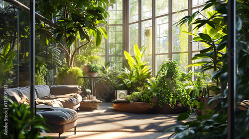 Vegetação exuberante preenche o ambiente acolhedor criando uma atmosfera tranquila e revigorante A luz solar se filtra pelas grandes janelas lançando um brilho suave sobre o próspero jardim interno