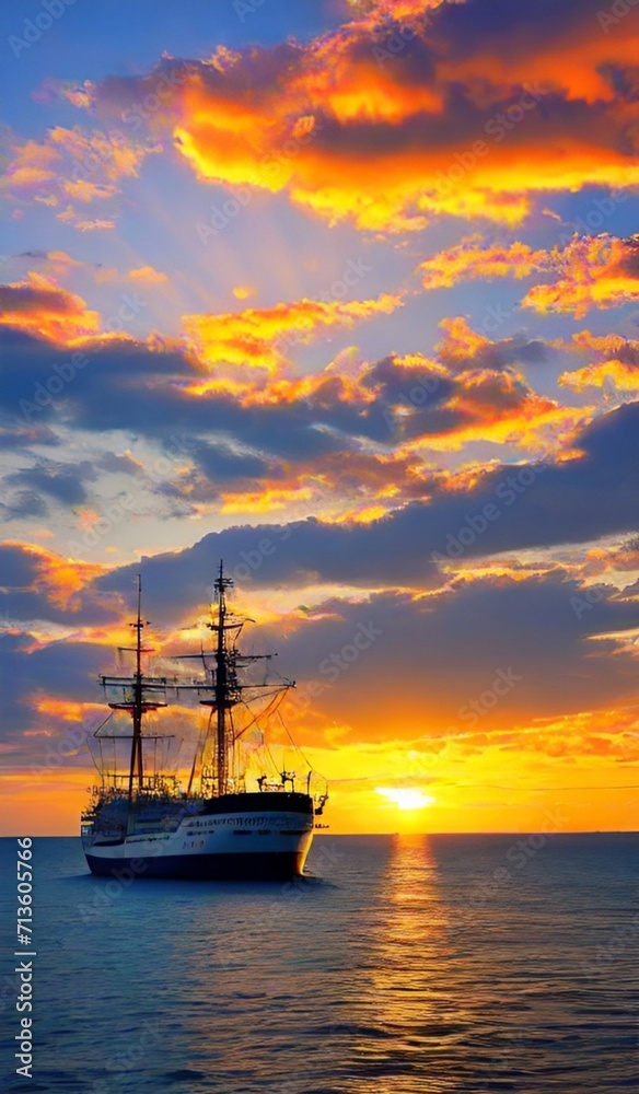 ship at sunsetBoat, sun, ocean, ship