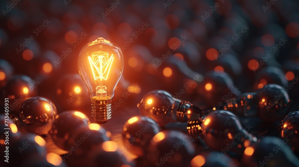 One of Lightbulb glowing among shutdown light bulb in dark area with copy space for creative thinking , problem solving solution and outstanding concept by 3d rendering technique photography - obrazy, fototapety, plakaty 