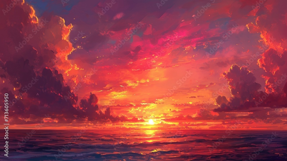 Fototapeta premium sunset over the ocean, with hues of orange and pink blending in the sky, manga style generative ai