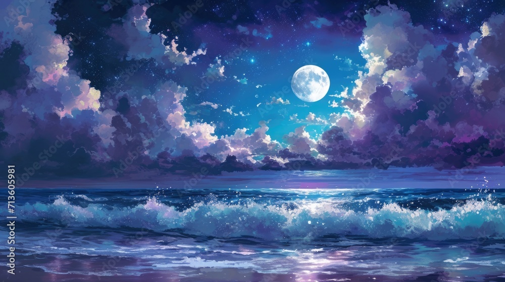 Fototapeta premium Moonlit beach with crashing waves, framed by manga style clouds generative ai