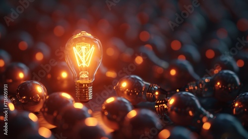 One of Lightbulb glowing among shutdown light bulb in dark area with copy space for creative thinking , problem solving solution and outstanding concept by 3d rendering technique photography
