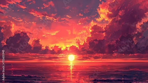 sunset over the ocean  with hues of orange and pink blending in the sky  manga style generative ai
