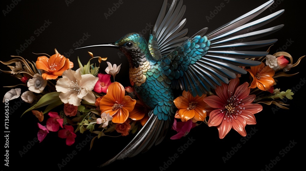 Obraz premium Graceful Hummingbird in Hover: Vibrant Floral Encounter - AI-Generative