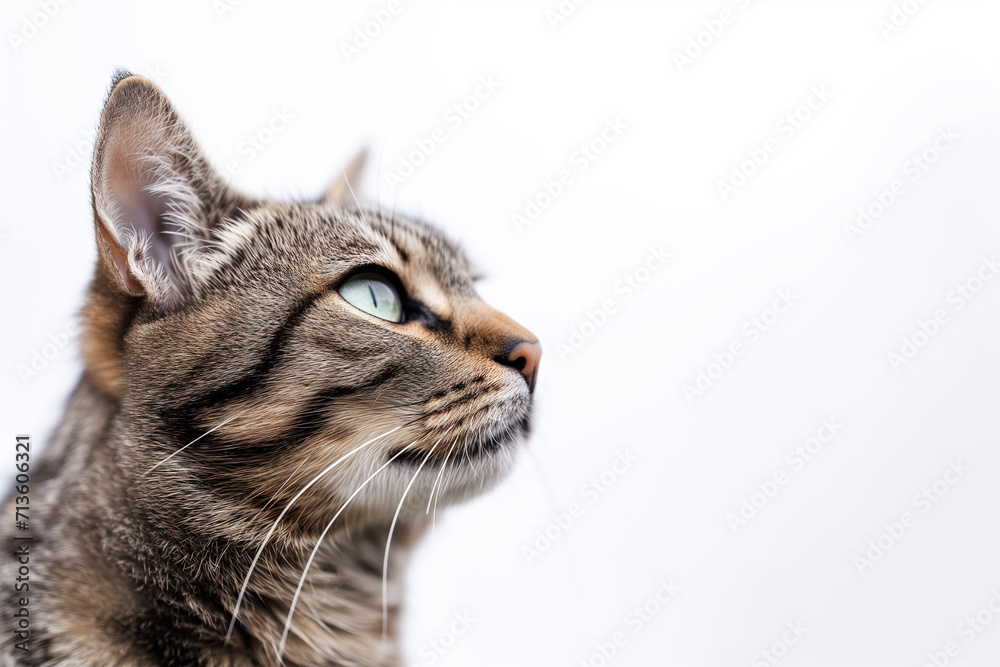 realistic photography, portrait of adorable cat on white background, white background, copy space