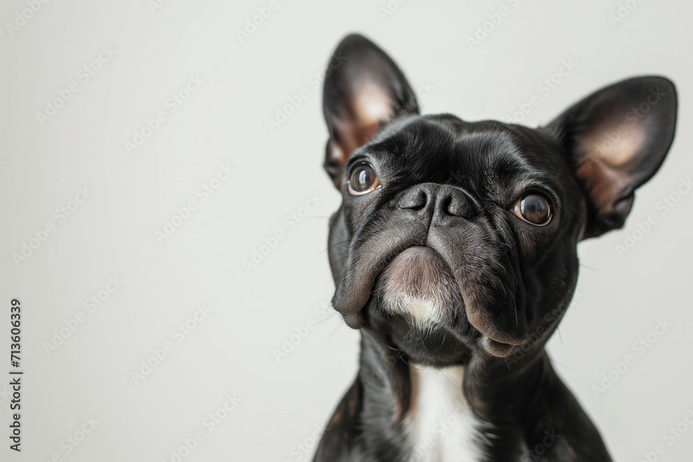 realistic photography, portrait of adorable dog on white background, white background, copy space