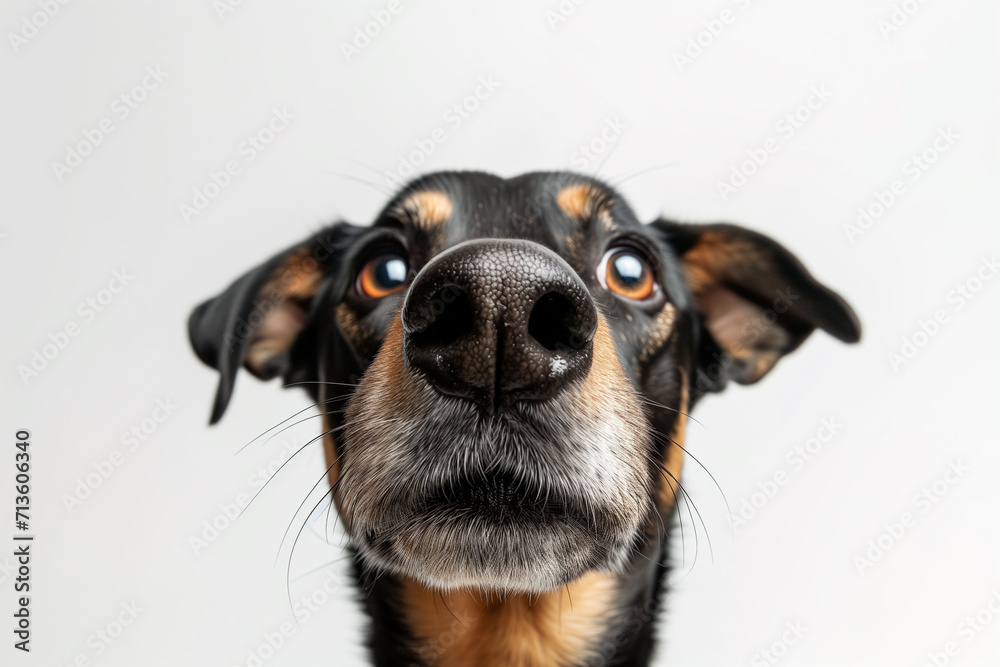 realistic photography, portrait of adorable dog on white background, white background, copy space