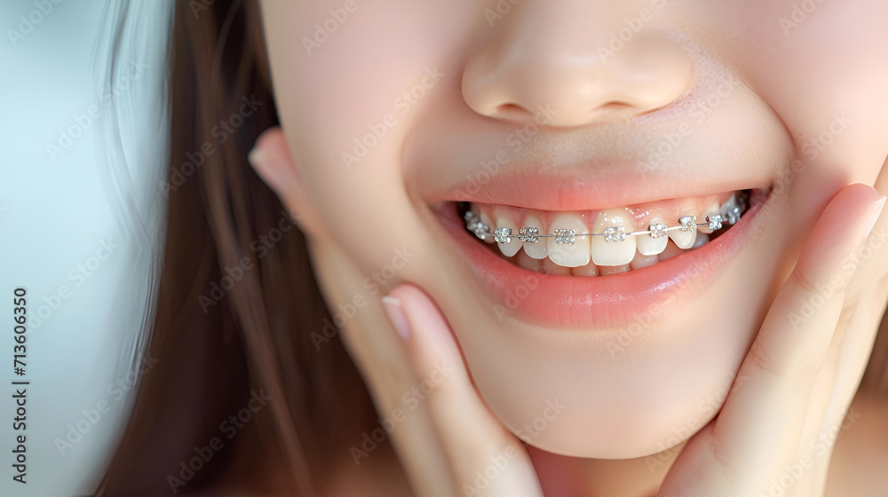 Fototapeta premium Close-up of a happy smile of a young woman with healthy white teeth with metal braces decorated with rhinestones. Dentistry concept