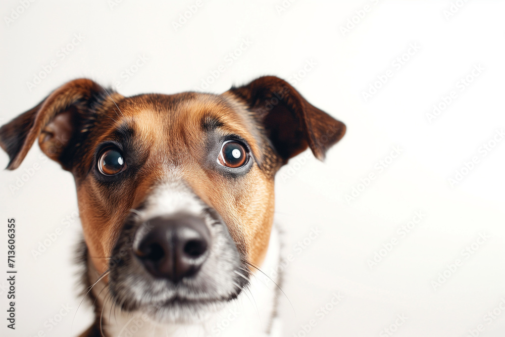 realistic photography, portrait of adorable dog on white background, white background, copy space