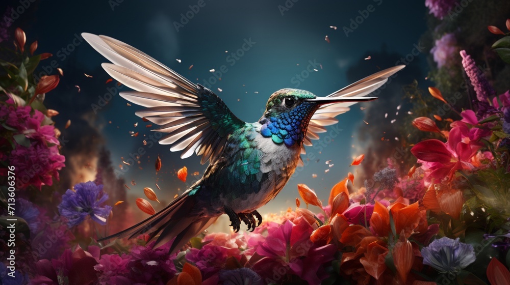 Obraz premium Graceful Hummingbird in Hover: Vibrant Floral Encounter - AI-Generative