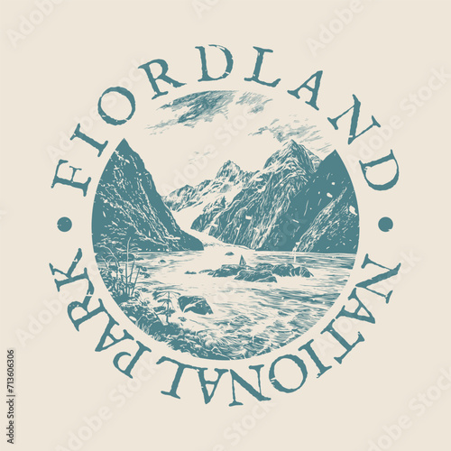 Fiordland, Southland, New Zealand Illustration Clip Art Design Shape. National Park Vintage Icon Vector Stamp.