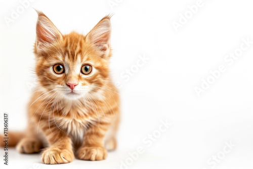 realistic photography, portrait of adorable cat on white background, white background, copy space