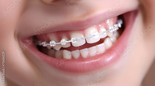 Close-up of a happy child's smile with healthy white teeth with metal braces on a white background. Children's dentistry concept photo