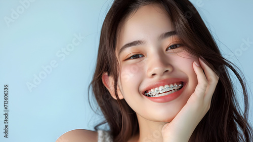 Portrait of a happy smiling young Asian woman with healthy white teeth with metal braces decorated with rhinestones. Dentistry concept. copy space photo