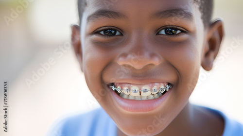 Close-up of a happy smile of a little black boy with healthy white teeth with metal braces on the upper and lower jaw. Pediatric dentistry concept photo