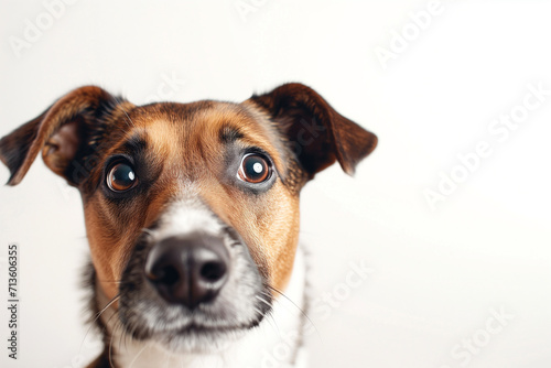realistic photography, portrait of adorable dog on white background, white background, copy space © Enrique